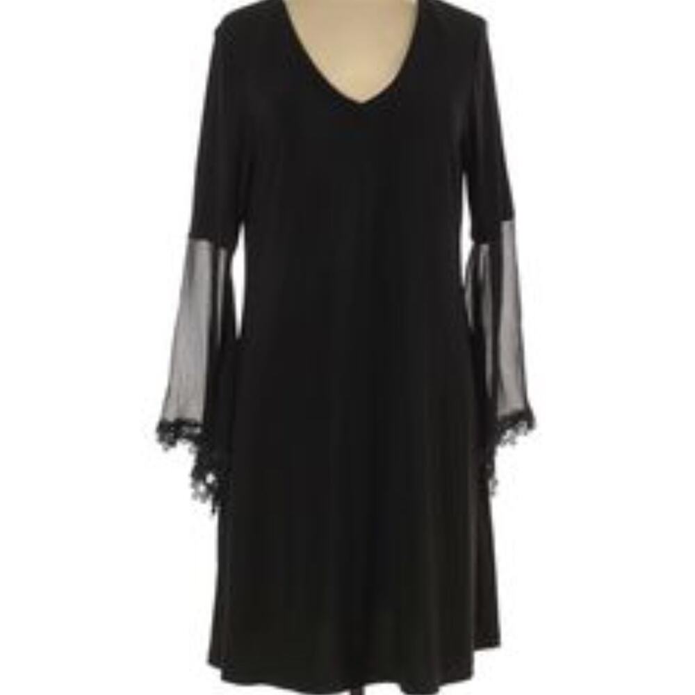 MSK Black Half Sheer Bell Sleeve Goth V Neck Dress Womens Medium